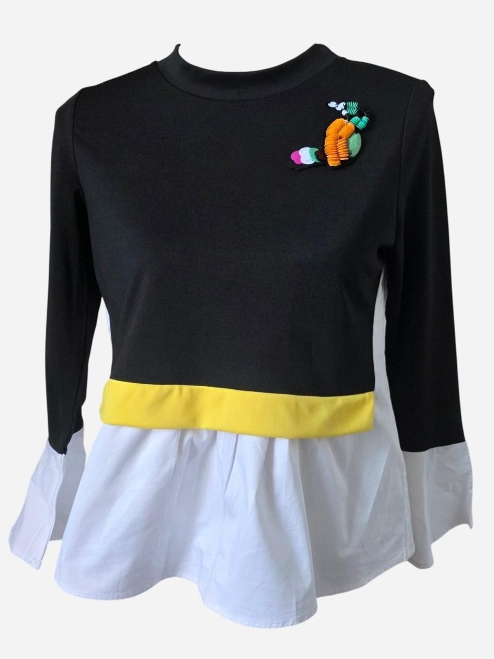 Black Blouse with Yellow Band and White Peplum Hem